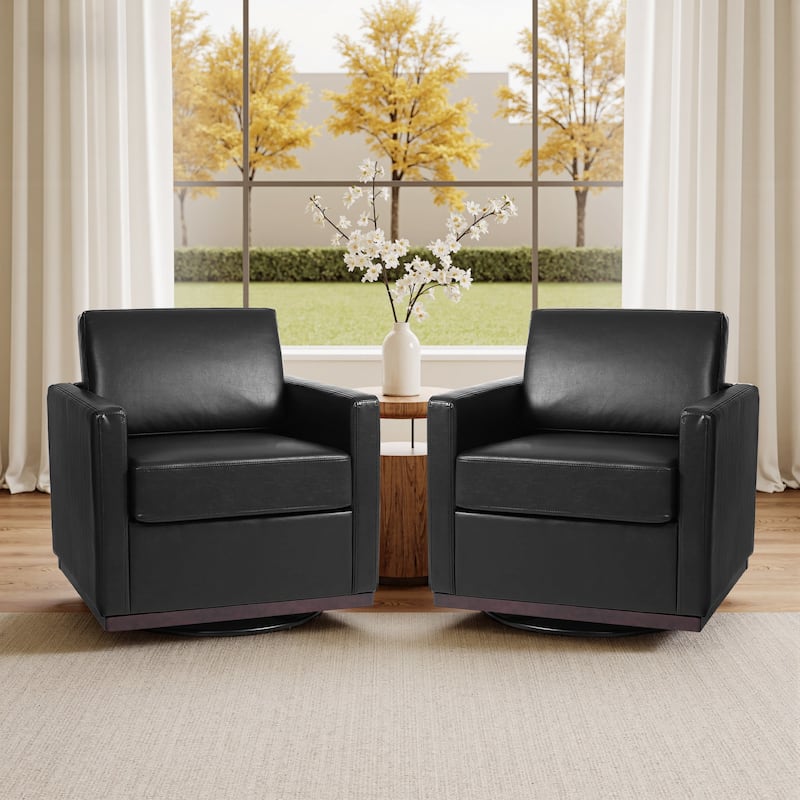 Set of 2 Modern Swivel Accent Armchairs Upholstered Arm Chairs - Faux Leather - Black