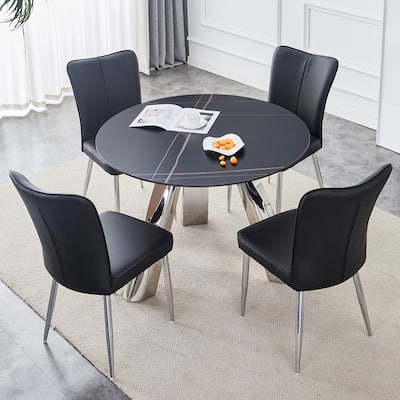 5-Piece Round Dining Table Set with Stain-Resistant Surface, PU Chairs, Military-Grade Steel Legs,Scratch-resistant