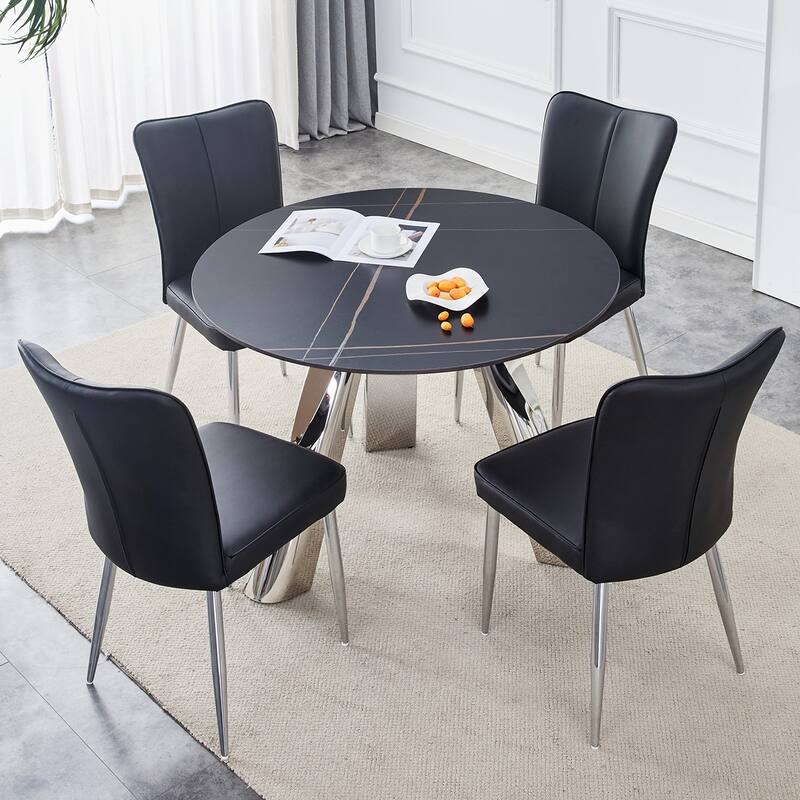 Sintered Stone Dining Table and Chair Set Mirror-polished Stainless Steel Base 4 White PU Chairs Round Dining Table