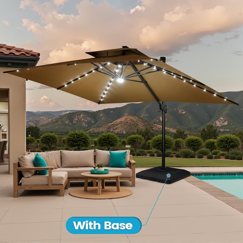 13 x 10 FT Solar Powered LED Light Patio Cantilever Umbrella Aluminum Pole with Base