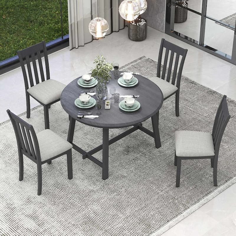 5 PCS Wood Dining Table Set for 4 Round Extendable Table with 4 Chairs