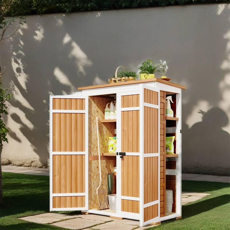 Outdoor Lockable Wood Storage Shed with Waterproof Roof and Shelves - Natural