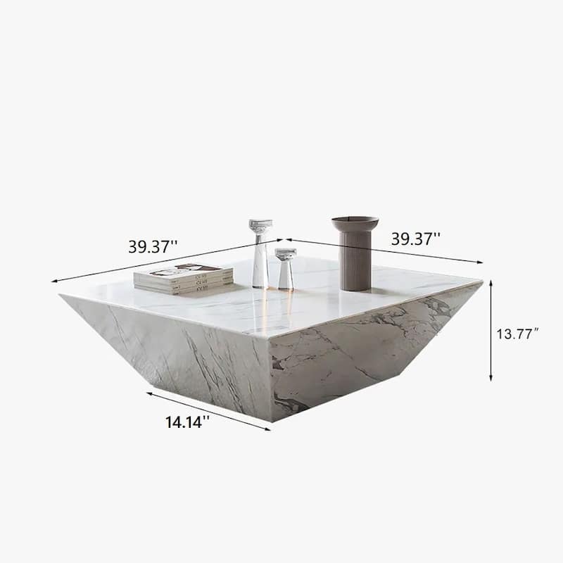 Modern Square Coffee Table, Trapezoid White Sintered Stone Coffee Table, Fully-assembled