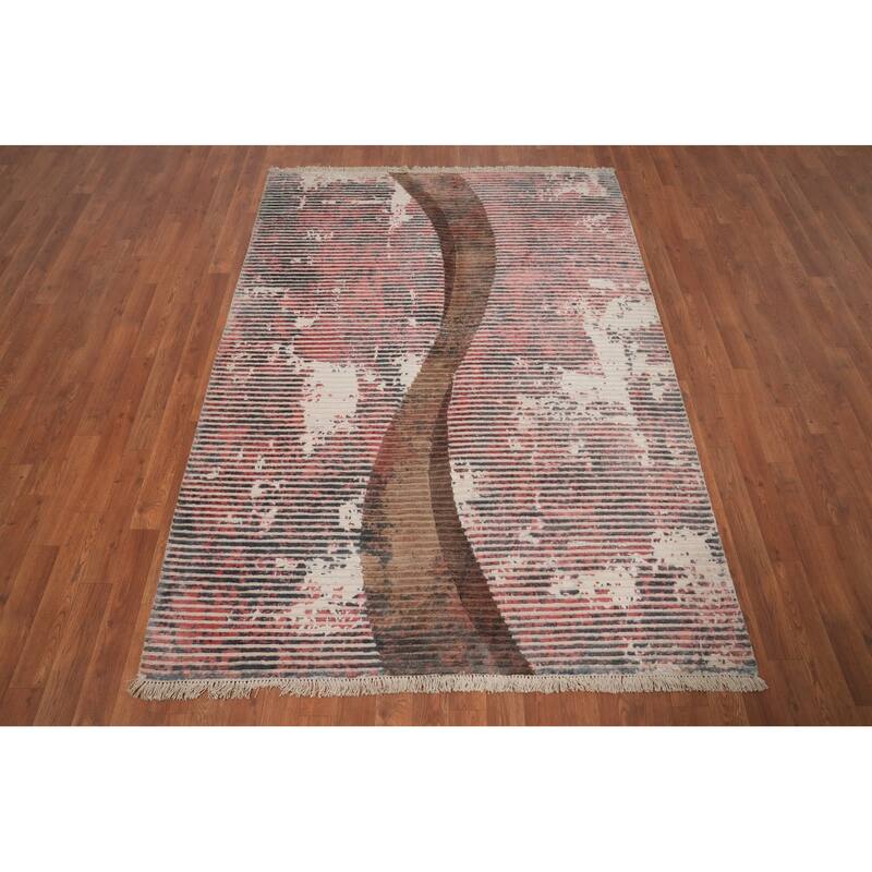 Hand Knotted Oriental Viscose Silk Carpet Modern Stripe Coral Abstract Area Rug - 6' 6'' X 4' 9''