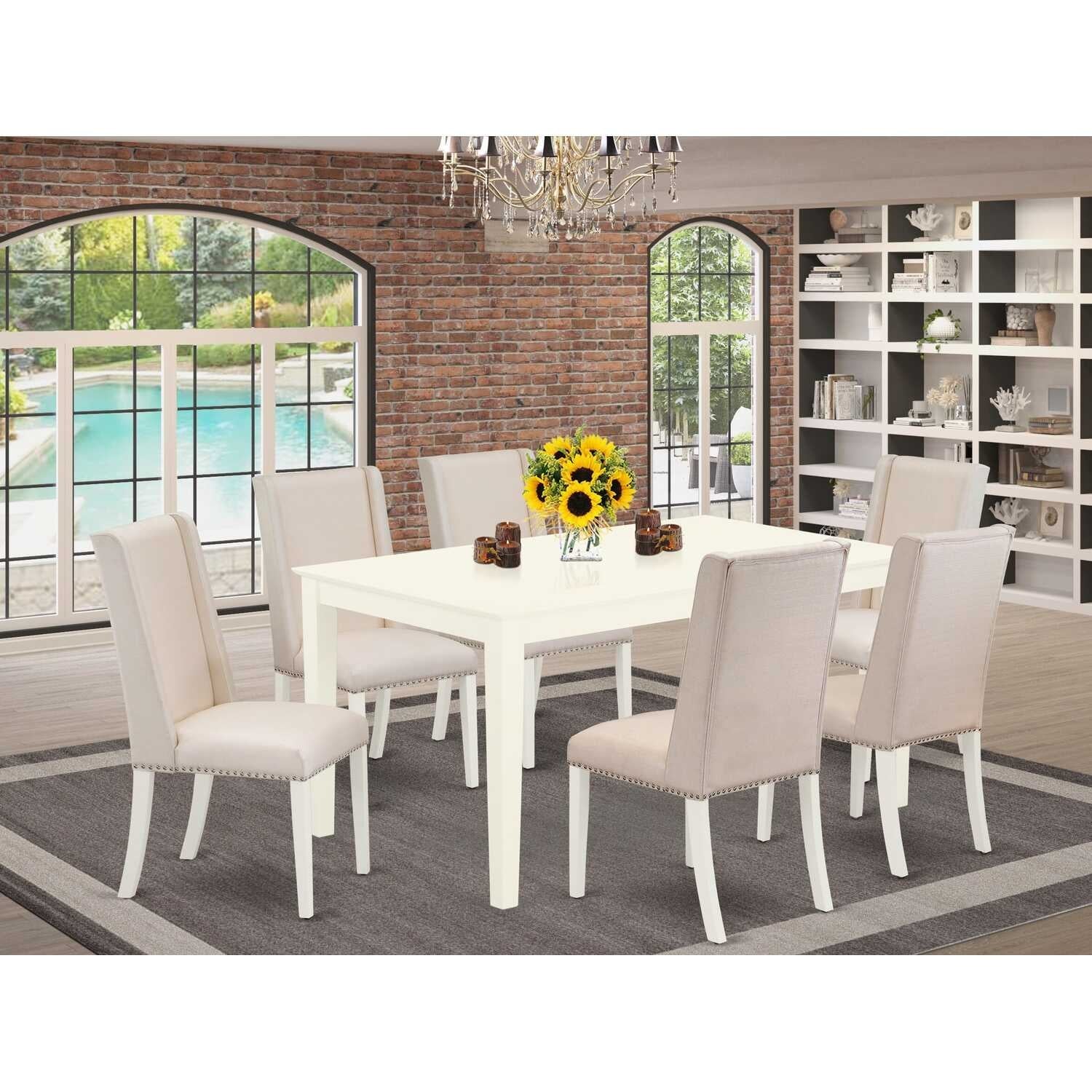 Modern 7-Piece Dining Set - 6 Linen White Chairs & Small Table - Hardwood Structure