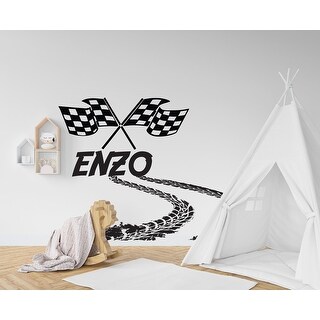 Large Custom Name Racing Car Tire Checkered Flags Wall Decal - Bed Bath ...