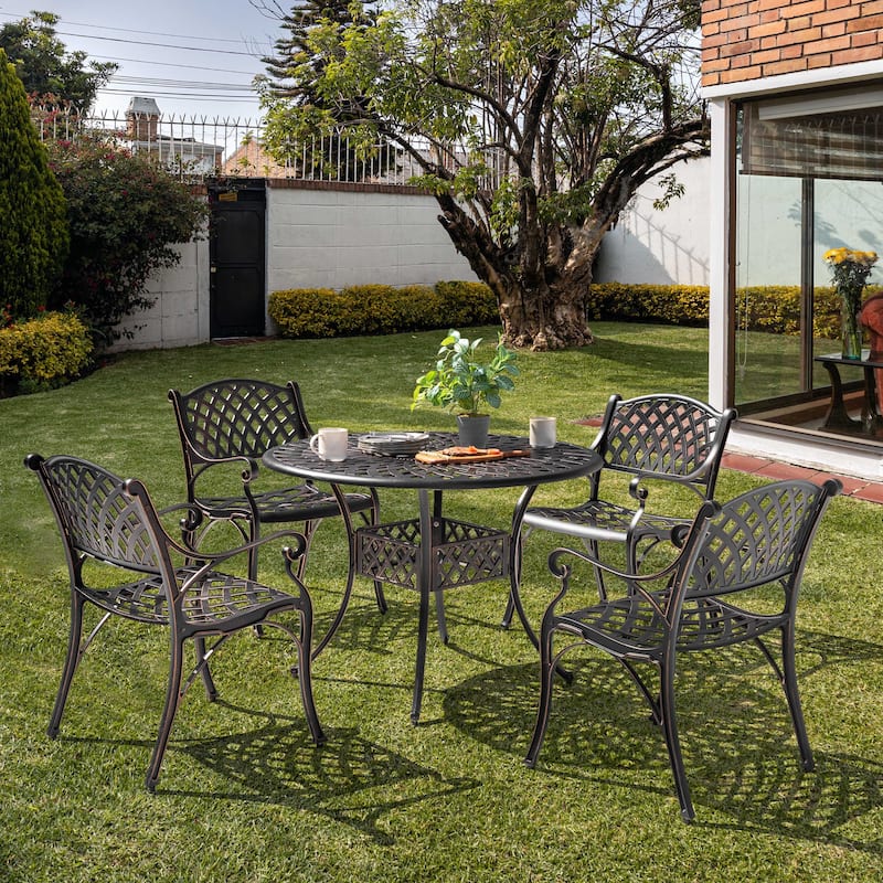 Outdoor 5-Piece Cast Aluminum Dining Set, Black with Gold-Painted Edge