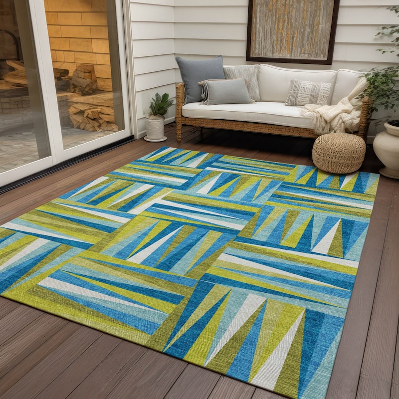 Machine Washable Indoor/ Outdoor Contemporary Mosaic Chantille Rug - Teal - 9' x 12'
