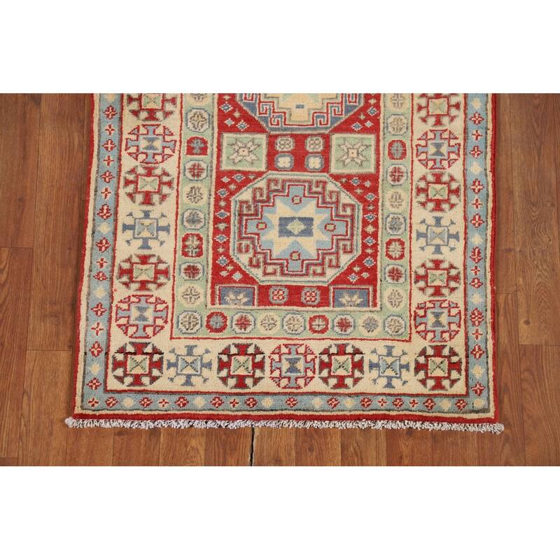 Red Kazak Runner Rug Hand-Knotted Oriental Wool Carpet - 2'7" x 9'8"