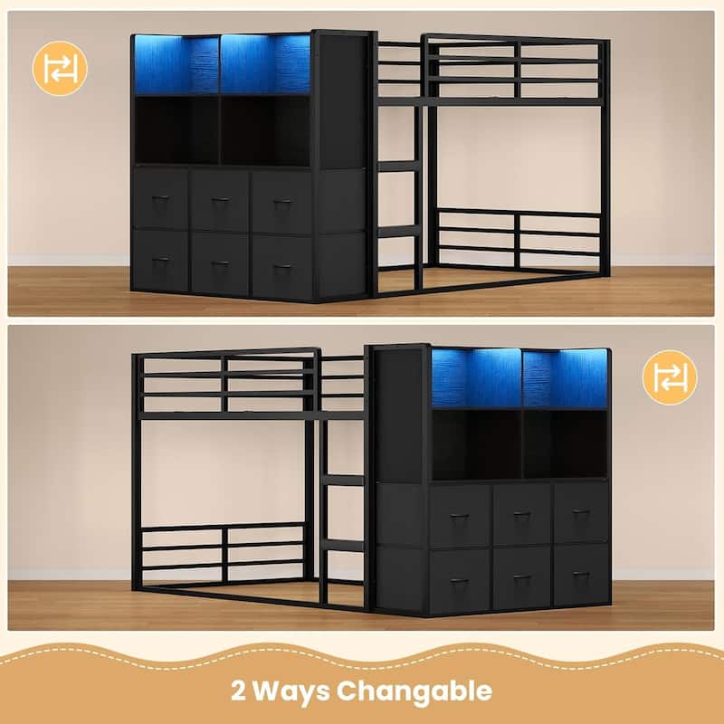 Twin Size Low Loft Bed 6 Fabric Storage Drawers LED Lights Twin Over Twin Bunk Bed