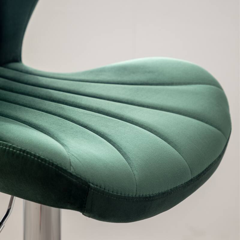 Set of 2 Adjustable Swivel Barstools with Upholstered Bucket Seats and Chrome Footrest.