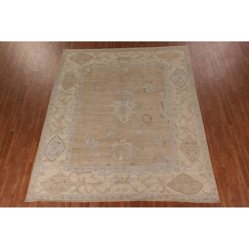 Vegetable Dye Oushak Turkish Rug Handmade Floral Beige Wool Carpet - 7'11" x 10'2"