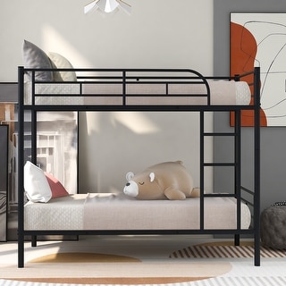 Modern Twin Over Twin Bunk Bed Converts to Two Beds with Integrated Ladder, Full-Length Guardrails, Mattress Slats Included