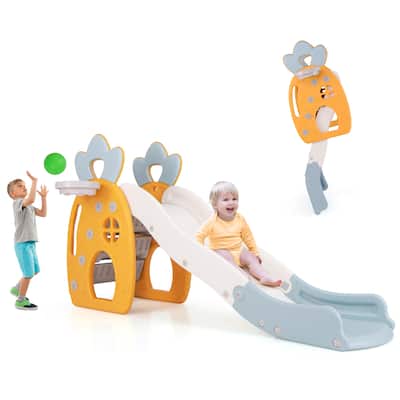 Gymax Indoor Foldable Kids Slide w/ Climber Basketball Hoop & Ball
