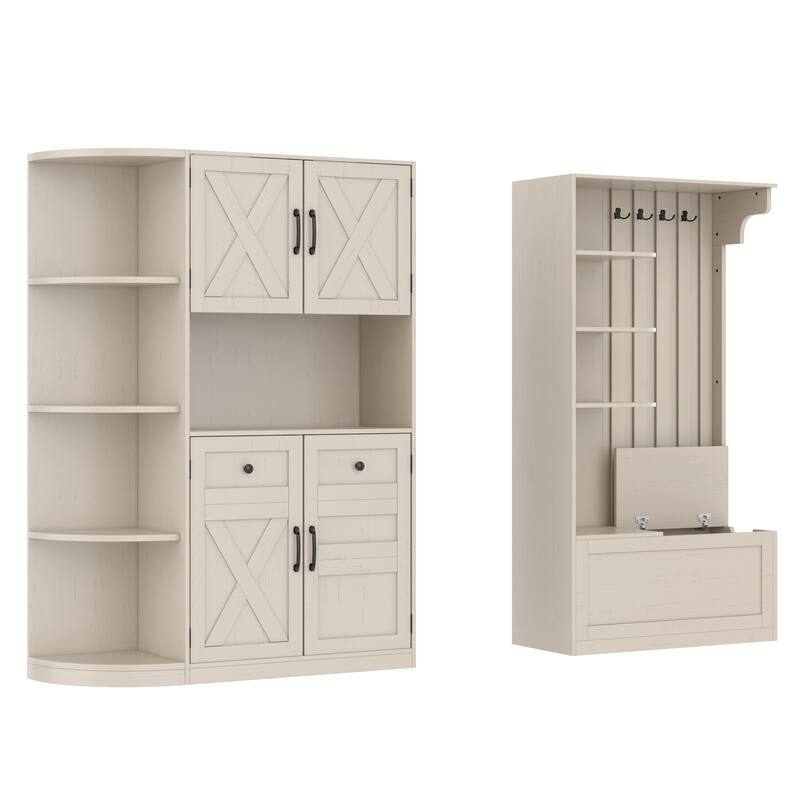 Hallway Cabinet Set with Shoe Storage & Coat Hooks, L-Shaped Entryway Storage Cabinet with Hidden Compartments