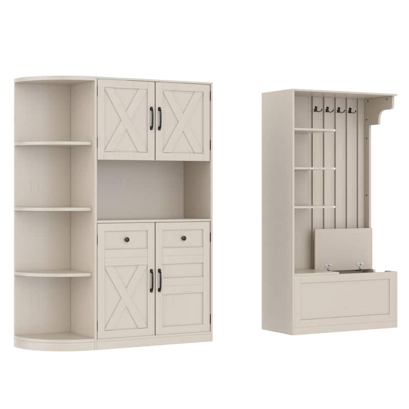 GDFStudio - Jill Versatile Left-Right Combination Hall Cabinet with 4 Hooks and Hall Tree 2-in-1