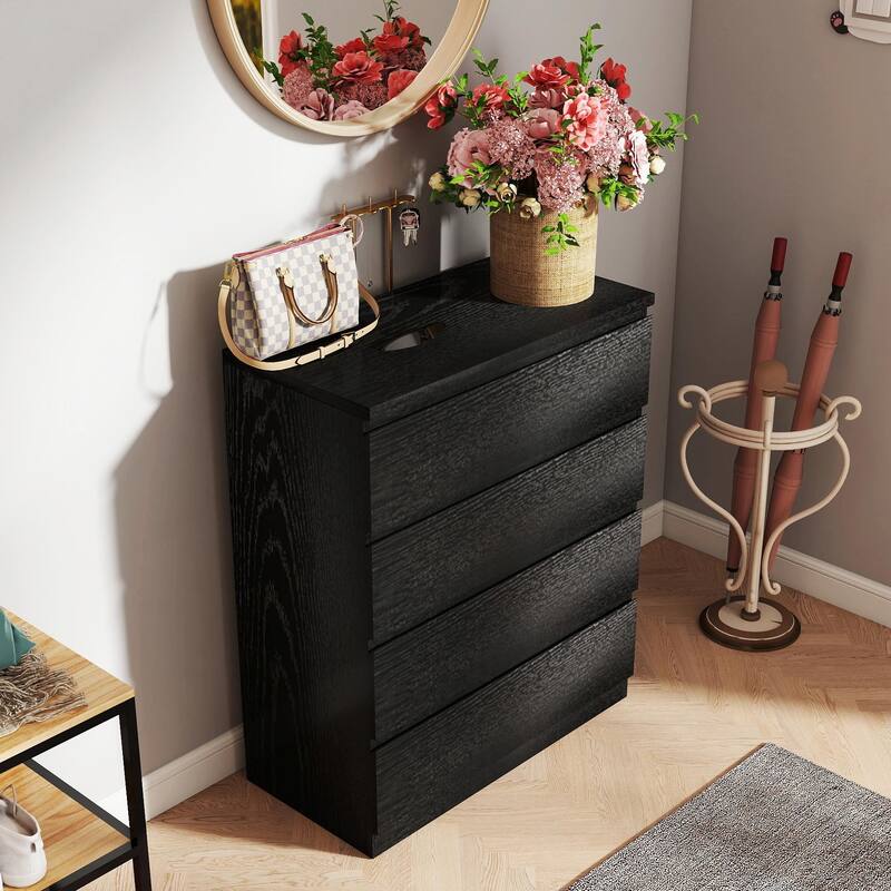 Minimalist Storage Dresser - 31.5" Wide - No-Handle Design - Black - 4-drawer