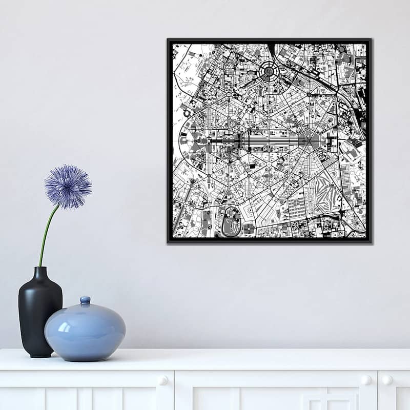 iCanvas "New Delhi Black And White" by Planos Urbanos Framed