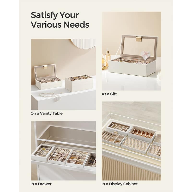 Multi-Layer Jewelry Storage Box with Stackable Trays and Soft Velvet Interior Protection and Glass Lid
