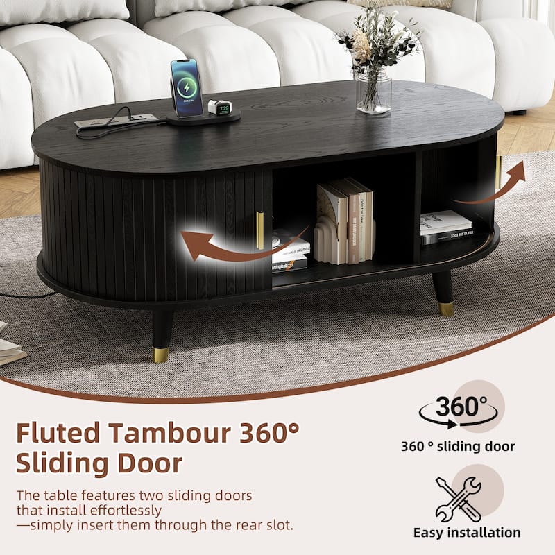 Roomfitters Mid-Century Oval Coffee Table with Fluted Design, Sliding Tambour Door and Charging Station, Solid Wood Legs