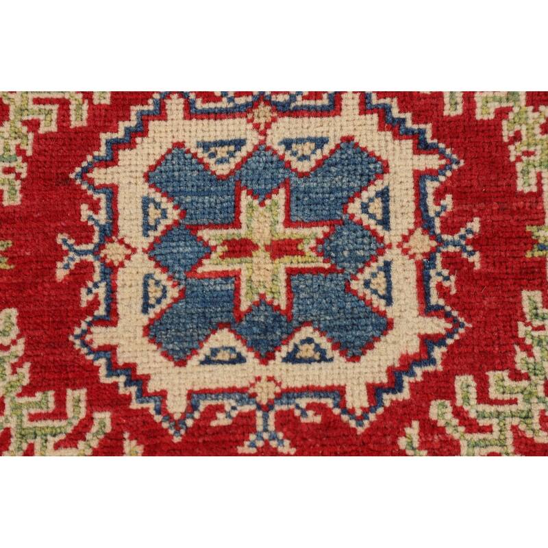 Geometric Red Kazak Foyer Rug Hand-Knotted Traditional Wool Carpet - 2'8" x 4'1"