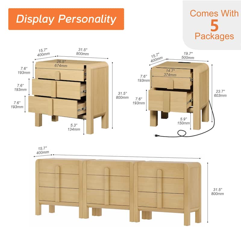 WAMPAT 5 Pcs Bedroom Set,9 Drawer Dresser And Nightstand Sets For Bedroom, Night Stand Set Of 2, 9 Drawer Dresser