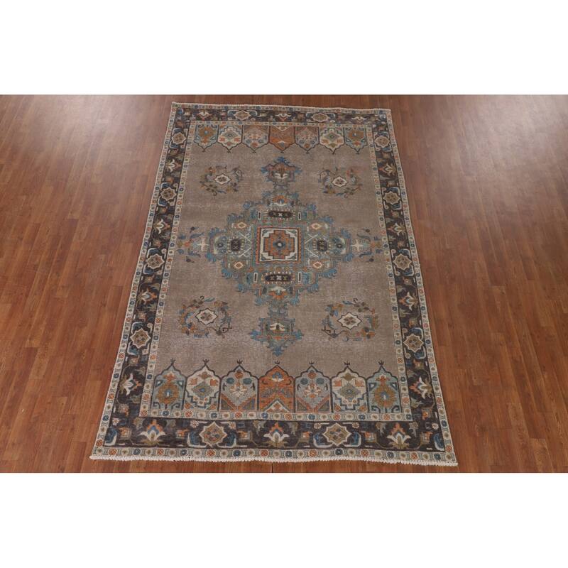 Brown Geometric Tabriz Vintage Rug Handmade Wool Carpet - 6'3"x 9'6"