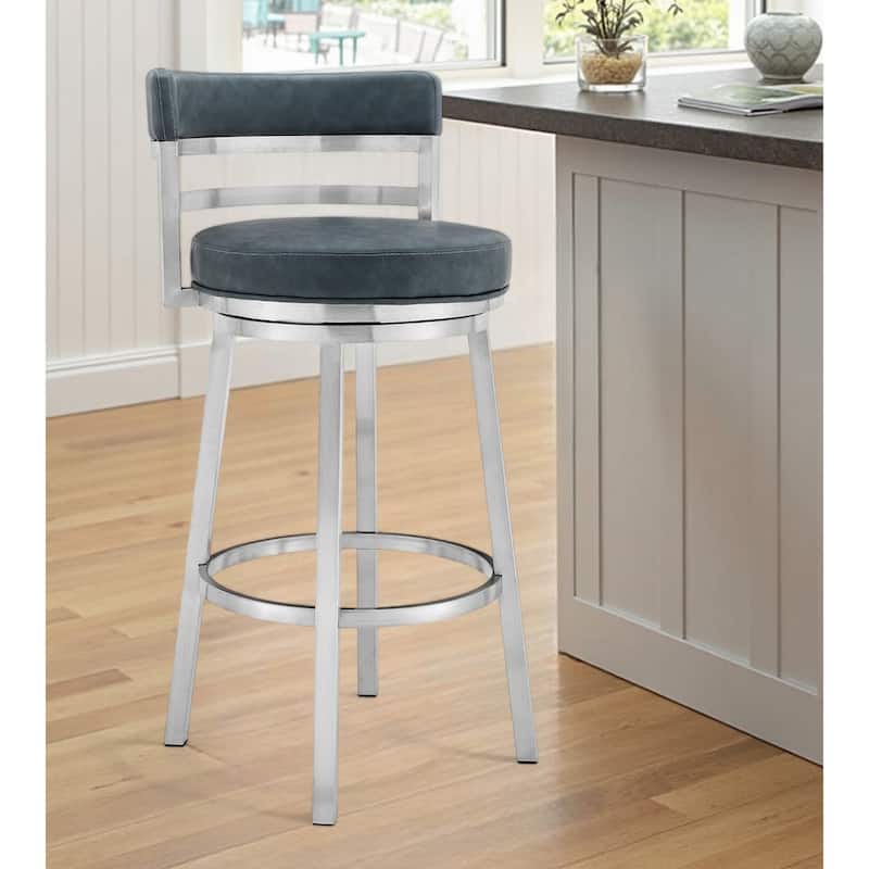 HomeRoots 26" Blue and Silver Faux Leather and Stainless Steel Low Back Counter Height Swivel Bar Chair - Counter Height - Single - Blue and Silver