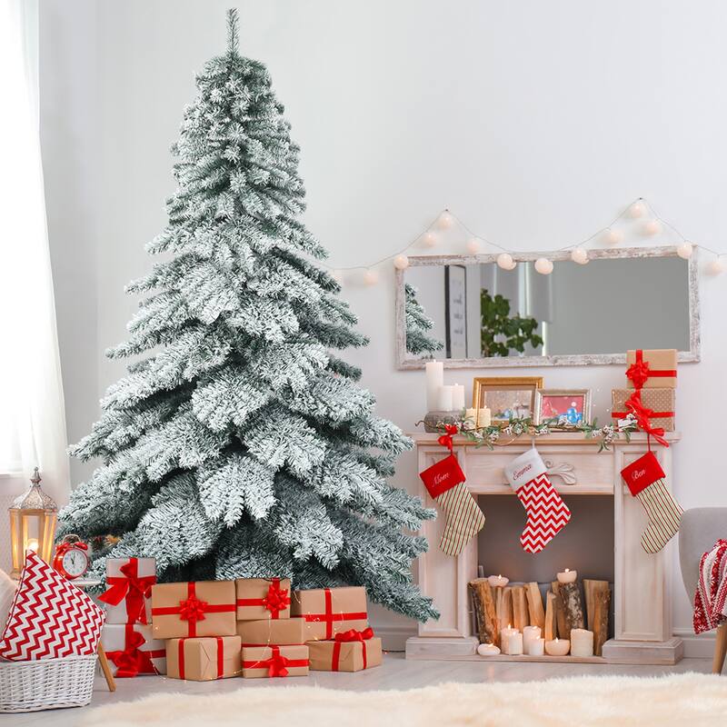 Gymax 7.5ft Artificial Christmas Tree Snow Flocked Hinged Pine Tree w/ - See Details