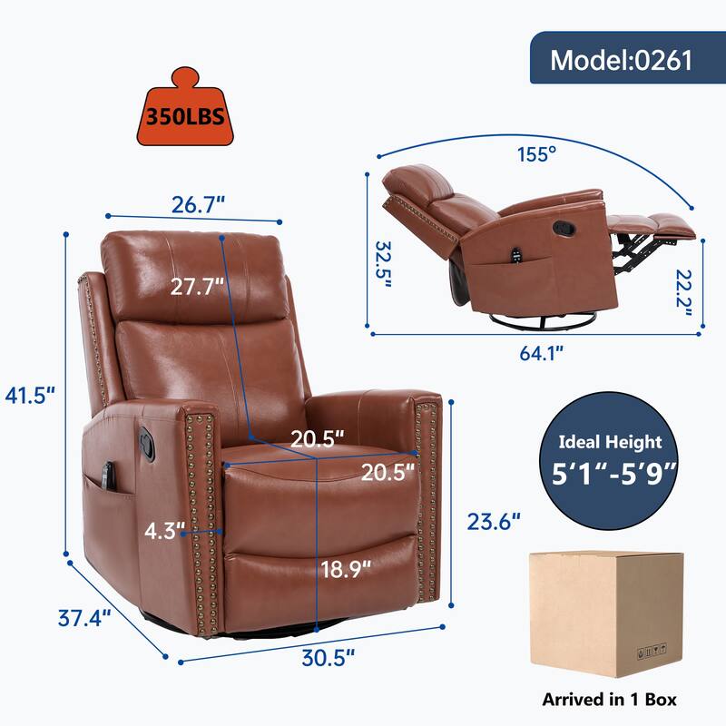 Roomfitters Genuine Leather Swivel Rocker Recliner, Manual Massage Glider with Heat and Top Grain Cowhide, Living Room
