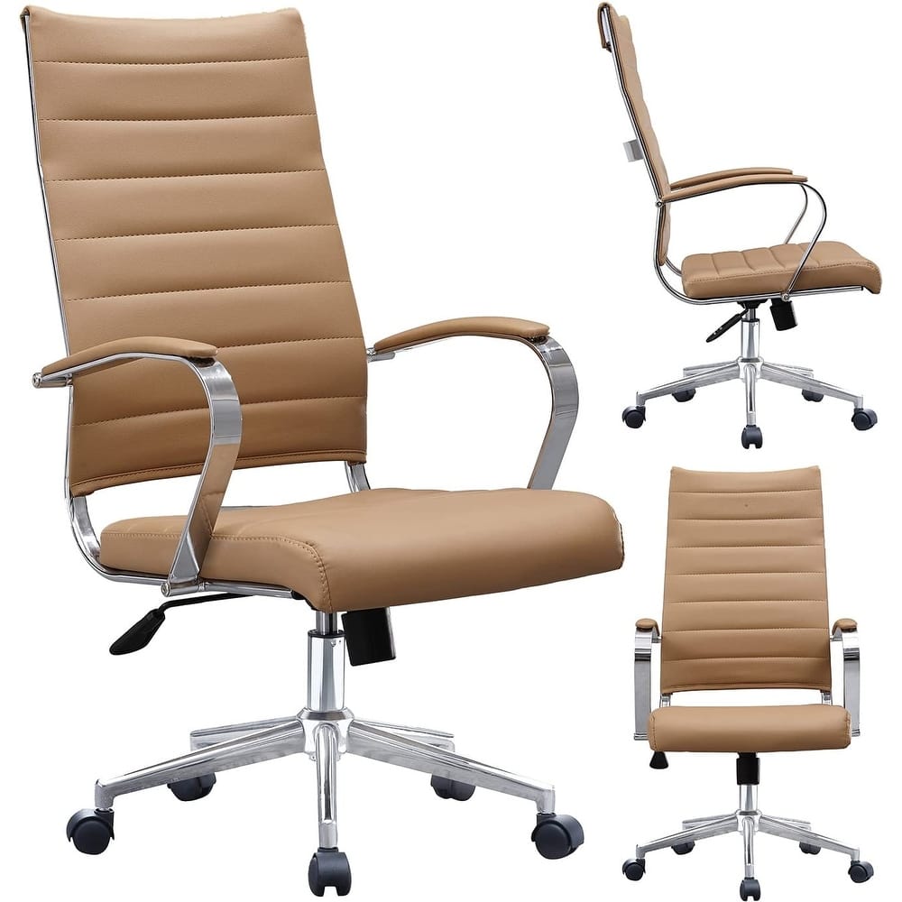 Modern High Back Office Chair Ribbed PU Leather Swivel Tilt Conference Room Computer Desk Cushion Seat Boss