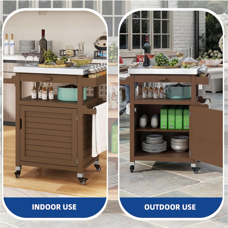 Moasis Solid Wood Grill Cart Outdoor Storage Cabinet Patio Bar Cart with Stainless Steel Top and Lockable Wheels
