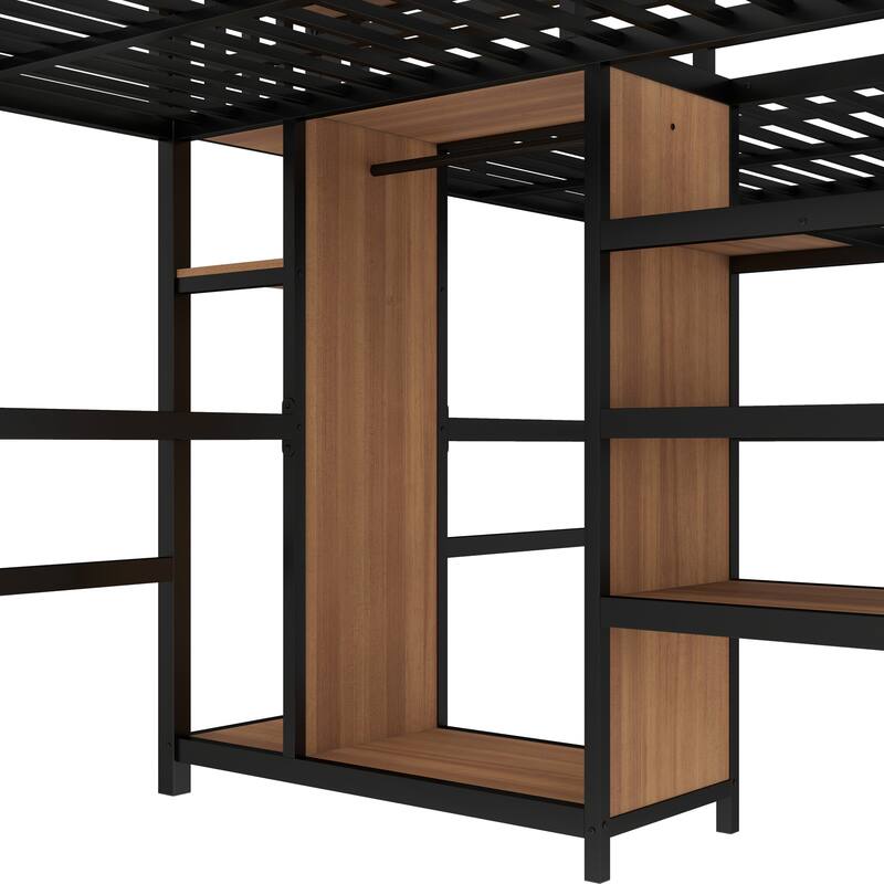 Twin-over-Twin Metal Loft Bed with Double Desks, Wardrobe and Electrical Outlets