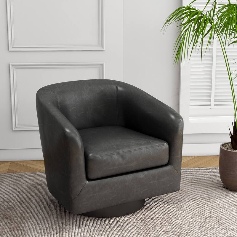 Modern Upholstered Barrel Chair Swivel Accent Chair for Living Room - Faux Leather - Black/PU