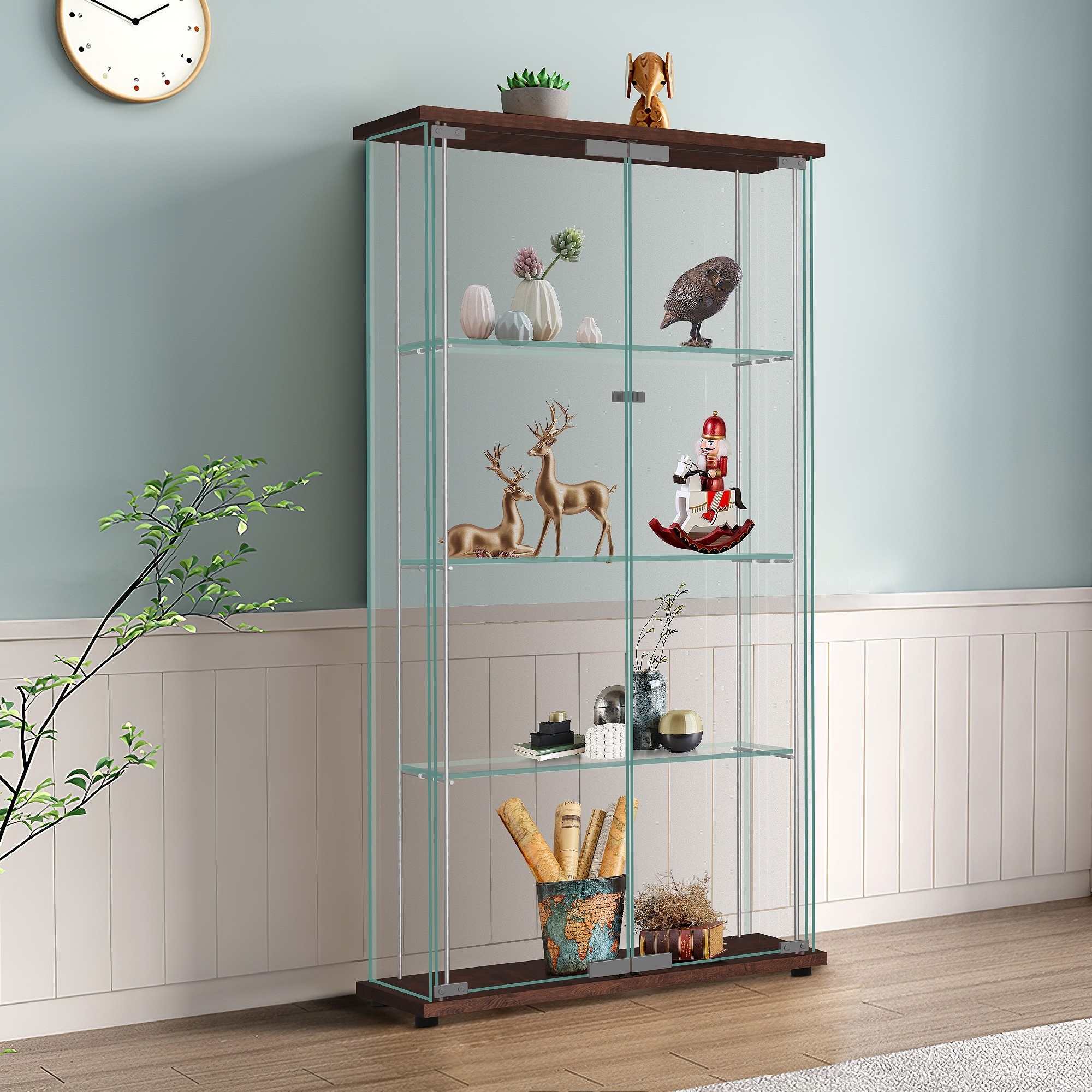 Modern Tempered Glass Bookshelf with Glass Doors Curio Display Cabinet