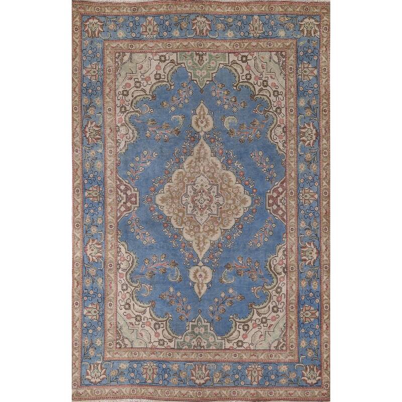 Blue Tabriz Persian Vintage Area Rug Handmade Wool Carpet - 6'6" x 9'10"