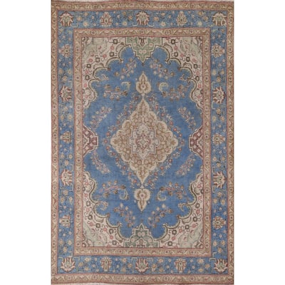 Blue Tabriz Persian Vintage Area Rug Handmade Wool Carpet - 6'6" x 9'10"