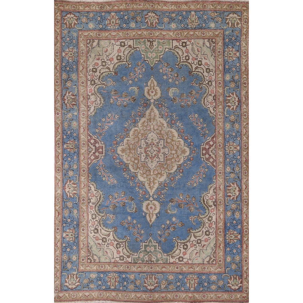 Blue Tabriz Persian Vintage Area Rug Handmade Wool Carpet - 6'6" x 9'10"