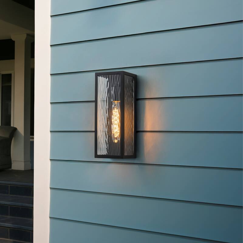H13" Modern Black Outdoor Wall Sconce with Water Ripple Glass and Dusk to Dawn Sensor Open Bottom Light Fixture for Garage Patio