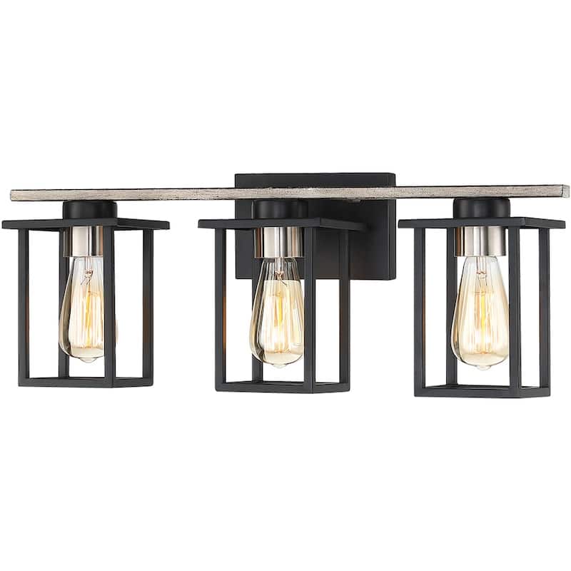 Matt Black/Wood Tone Rustic Farmhouse Bathroom Vanity Light with Open Cage Shades