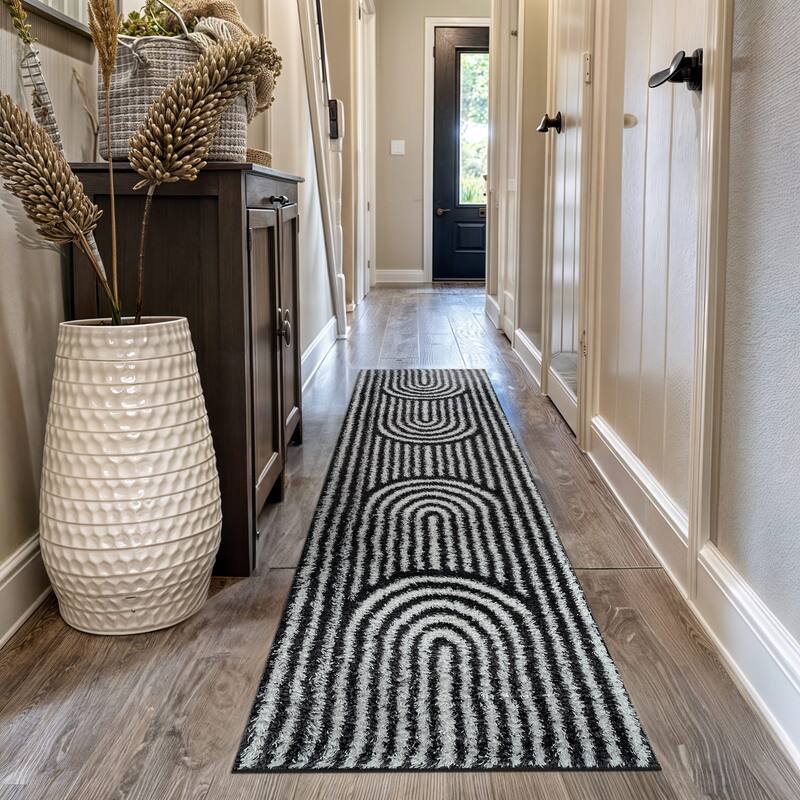Abstract Arch Shag Rug - Medium Pile, Durable & Easy to Clean - Anthracite Dark Gray - Anthracite - 2' 3" x 12'
