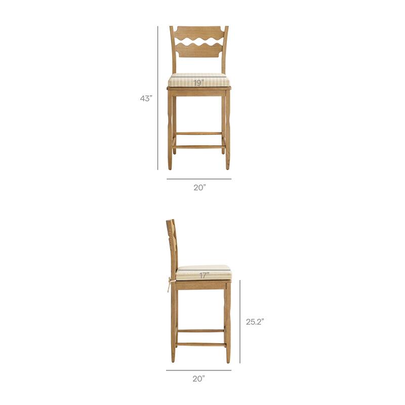 Jax Oak Wood Counter Stool With Wavy Razor Back and Cushion