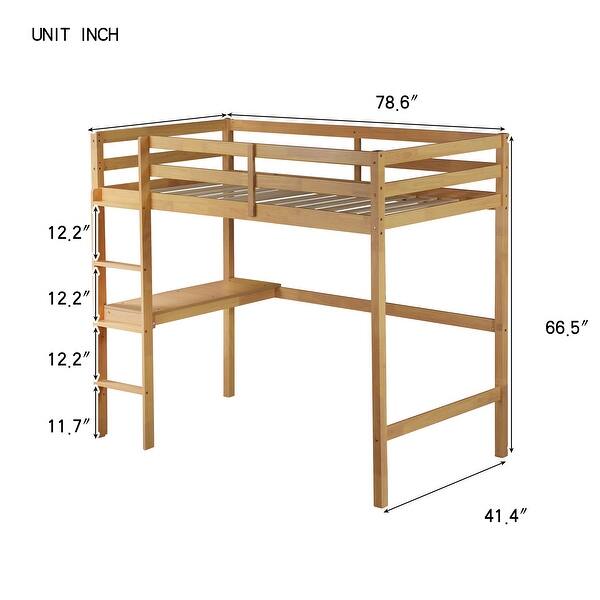 dimension image slide 1 of 3, Twin High Loft Bed, Rubber Wood Loft Bed With Safety Guardrail, Built-In Desk, Ladder