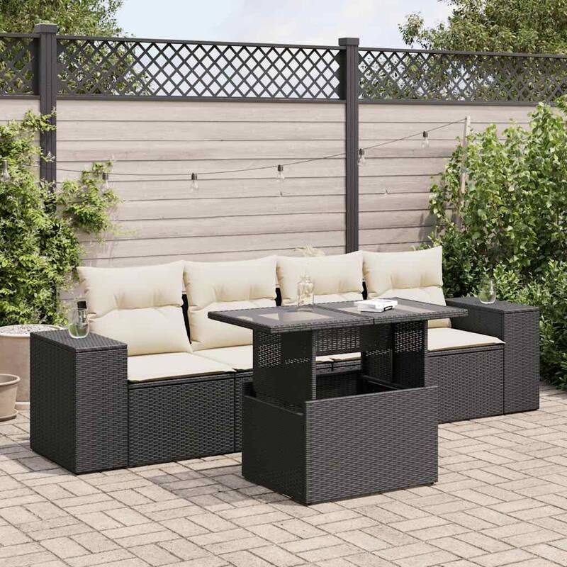 vidaXL Patio Sofa Set with Cushions Outdoor Furniture 5 Piece Poly Rattan - 21.7 x 39.4 x 28.7 - Black and Cream-with storage