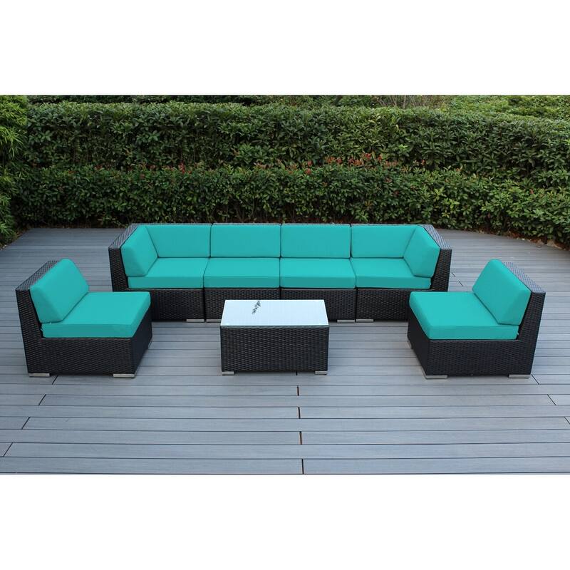 Ohana Outdoor 7-pc. Cushioned Black Wicker Conversation Set - No Assembly - Turquoise