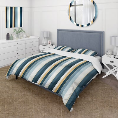 Designart "Blue And White Classic Pinstripe Pattern" White Modern Bed Cover Set With 2 Shams