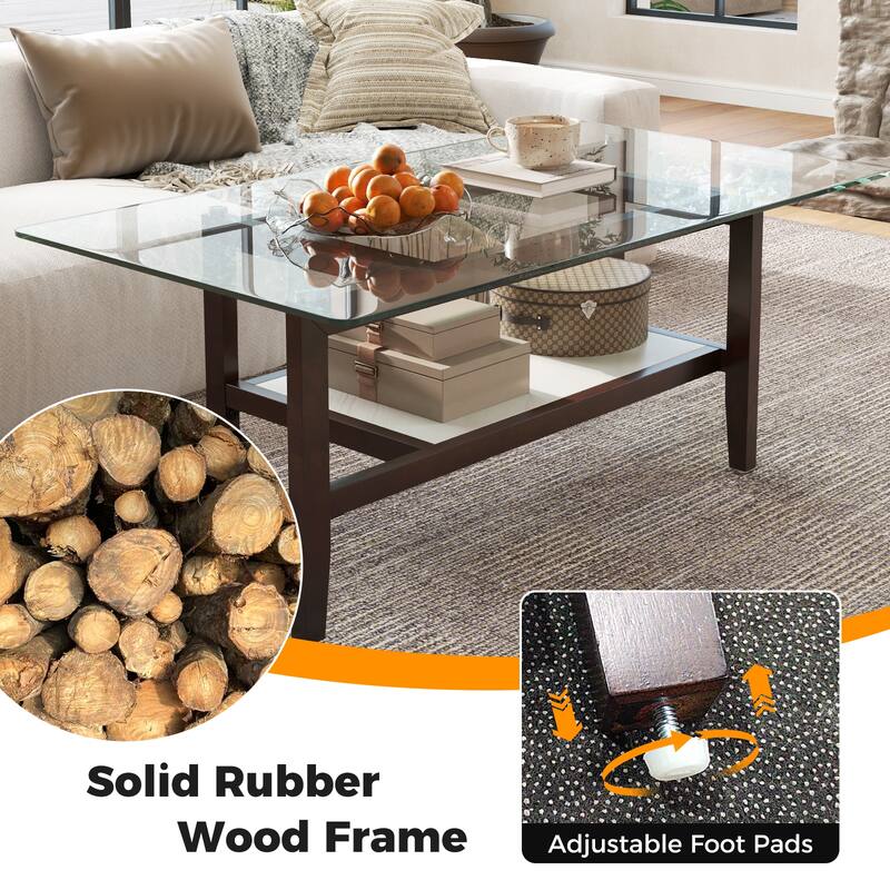 Gymax 2-Tier Glass Coffee Table w/ Storage Shelf Solid Rubber Wood