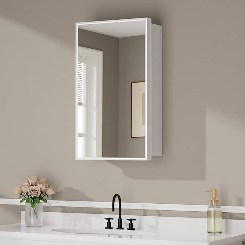 Elise Iron Medicine Cabinet with Mirror, Adjustable Shelves, Recessed or Wall Mount - 14 in. W x 24 in. H - White