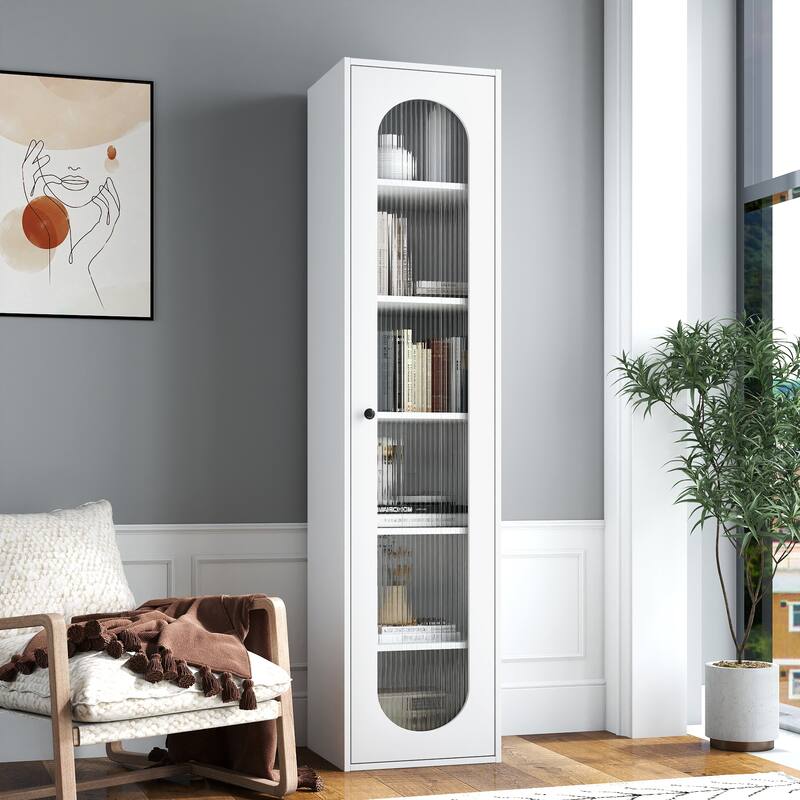 Tall Display Cabinet & Bookshelf with Glass Door - 6 Storage Shelves for Living Room, Kitchen, Bedroom, Office - White