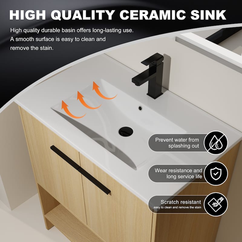 Modern 30 Inch Freestanding Bathroom Vanity with White Ceramic Sink, Water-Resistant Plywood Base